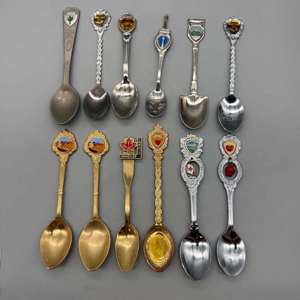 Vintage Souvenir Spoon lot of 12 Gold & Silver Tone Space Needle Leavenworth etc